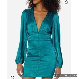 Bebe Mini Dress Bodycon Satin Jacquard Teal Blue XS Cocktail Low Plunging Neck